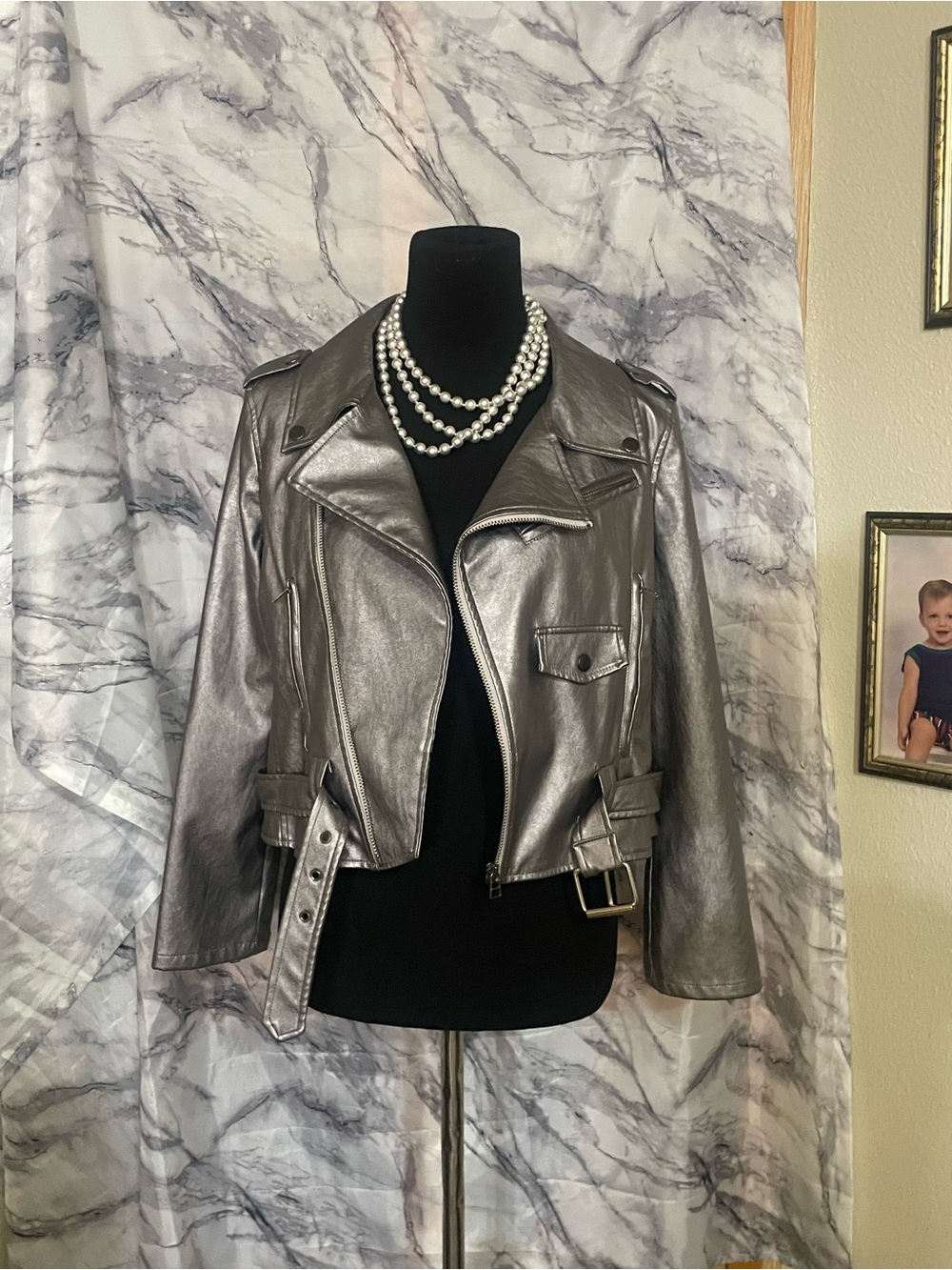 HAODUOYI Metallic Silver Moto Leather Jacket - Picture 4 of 8